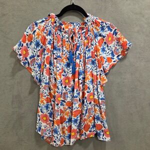 Kyla Seo Floral Blouse Women's Size Large Boho Tassel Flutter Sleeve Flowy
